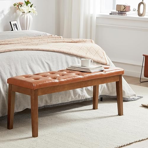 MILCIL Ottoman Bench Upholstered Padded Seat with Solid Wood Legs and Button-Tufted, Faux Leather Cognac Brown