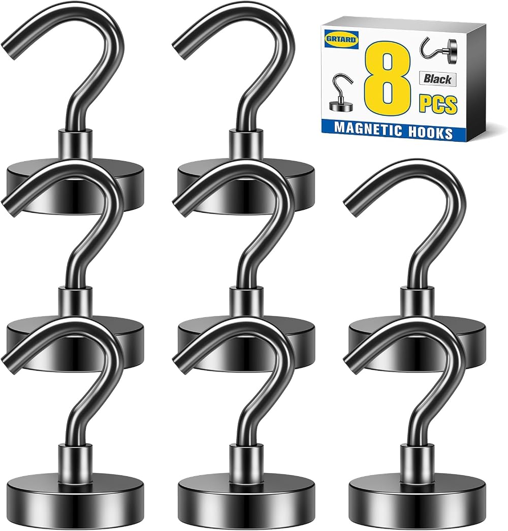 Grtard Magnetic Hooks 8 Pack 22 lb+ Neodymium Magnets with Hook Black