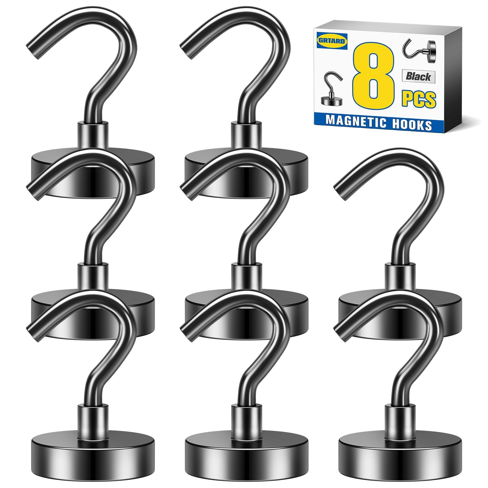 Grtard Magnetic Hooks, 8 Pack 22 lb+ Strong Neodymium Magnet Hooks, Magnets with Hook, Black Magnetic Hook for Cruise, Bathroom, Kitchen, Workplace, Office, Garage, BBQ Grill
