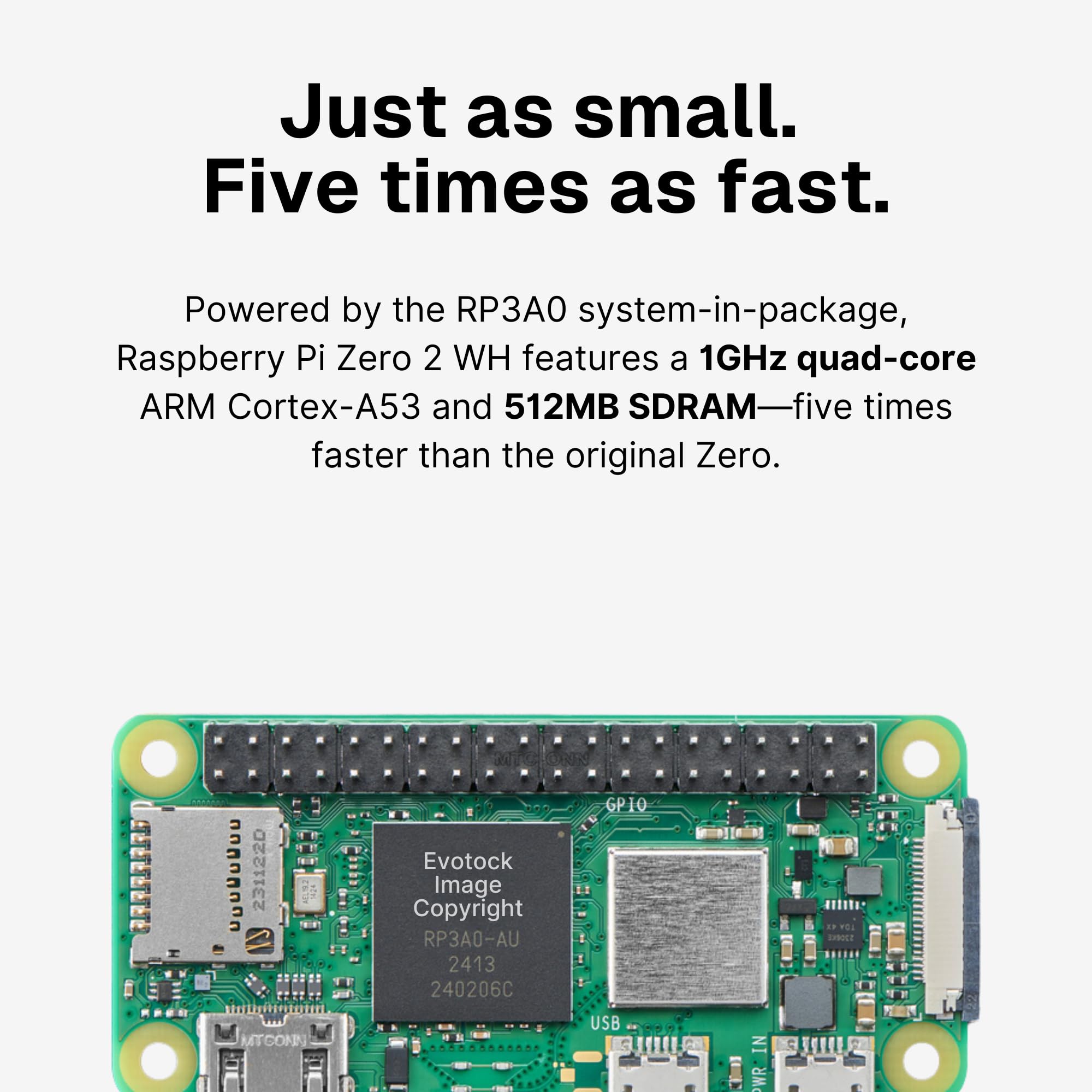 Pi Zero 2 WH - Pre Soldered Header, Quad-Core 1GHz CPU, 512MB RAM, Wi-Fi & Bluetooth, Mini HDMI, Micro USB, 40 GPIO, CSI Camera Port, 2023 Edition