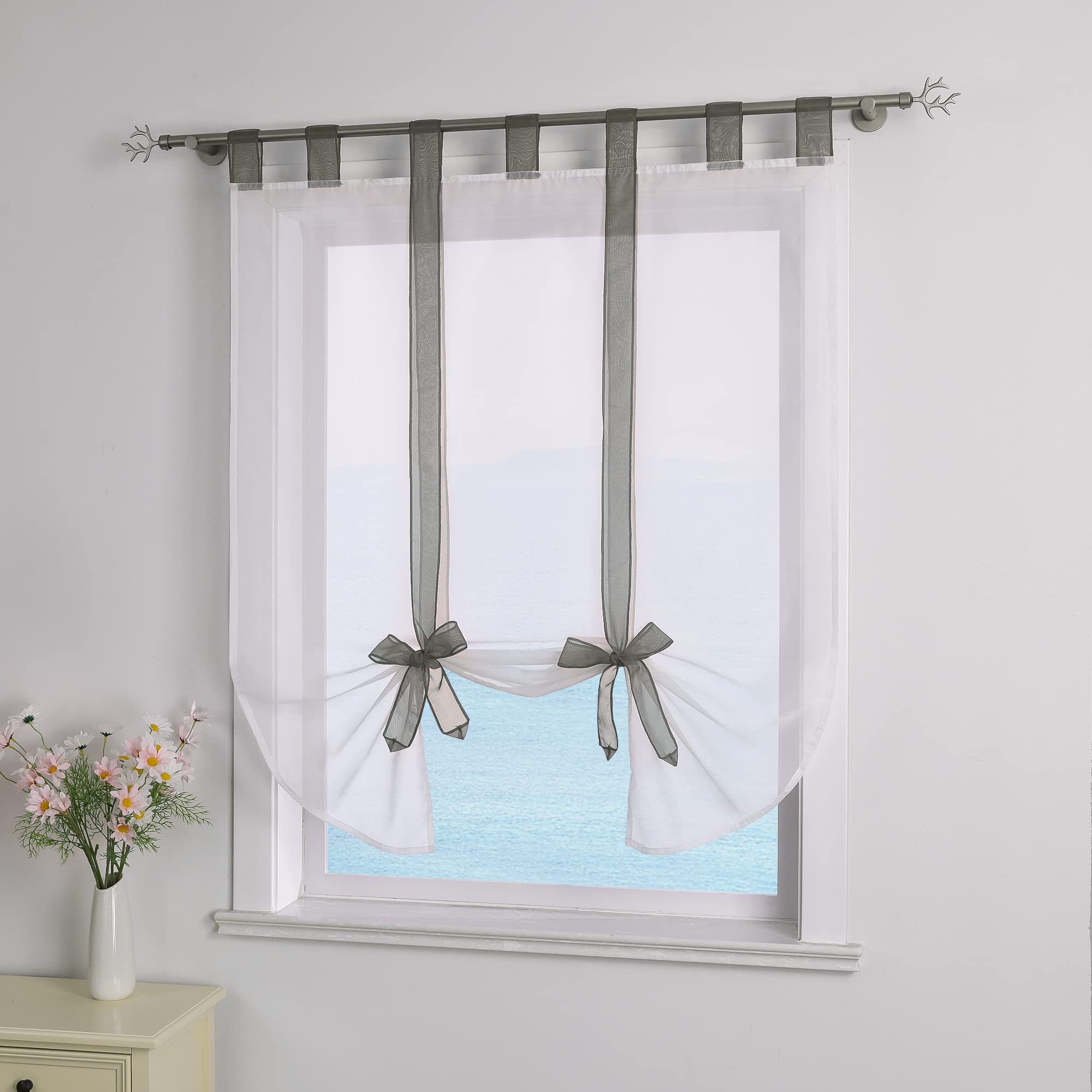 ESLIR Roman blind with loops, Roman curtains, voile curtains, kitchen tie curtain, transparent, loop blind, curtains, modern grey, W x H 100 x 140 cm, 1 piece