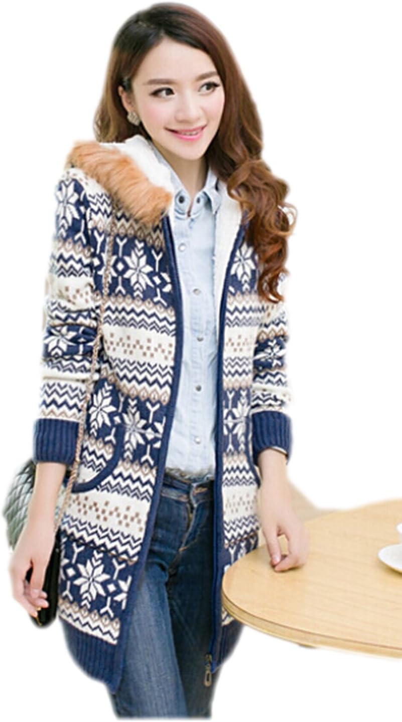 Moon Soul Women Girl Slim Cut Snowflake Print Hooded Long Coat Blue