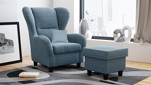 Lifestyle4living Ohrensessel Mit Hocker In Blau Im Landhausstil Der Perfekte Sessel Fur Entspannte Lange Fernseh Und Leseabende Abschalten Und Geniessen Amazon De Kuche Haushalt
