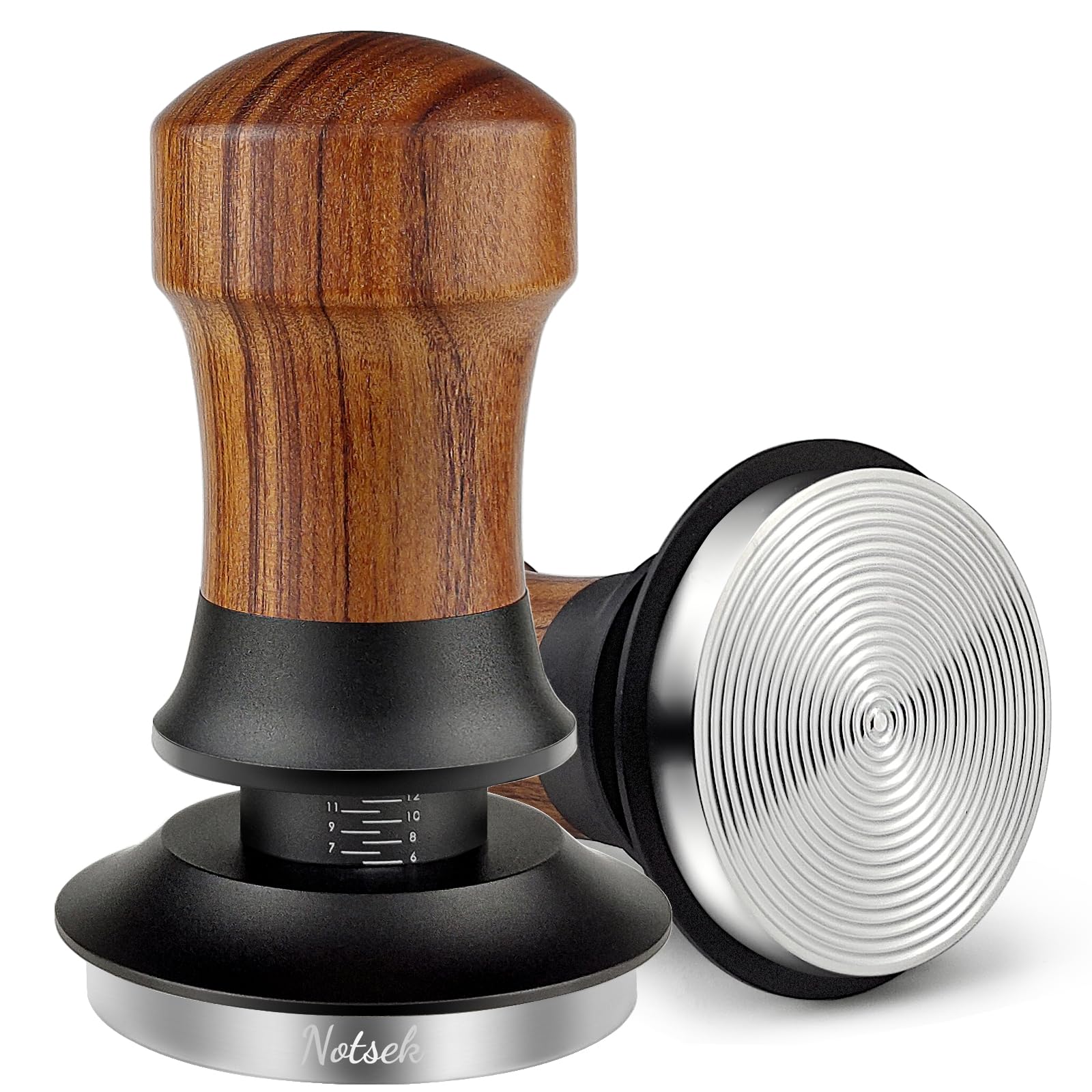 NOTSEK Coffee Tamper, Spring Loaded 54mm Tamper with Ripple Base, Walnut Wood Tamper Tool with 304 Stainless Steel Base for Sage Portafilter