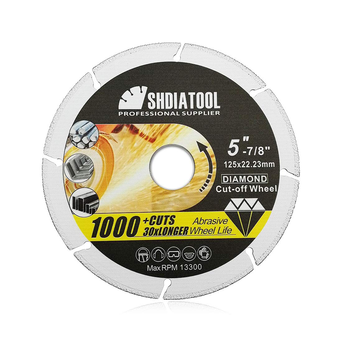 SHDIATOOL Diamond Metal Cutting Disc 5 Inches / 125mm for Steel Tube Iron Rebar Angle Steel Vacuum Brazed Cut-off Wheel Blade