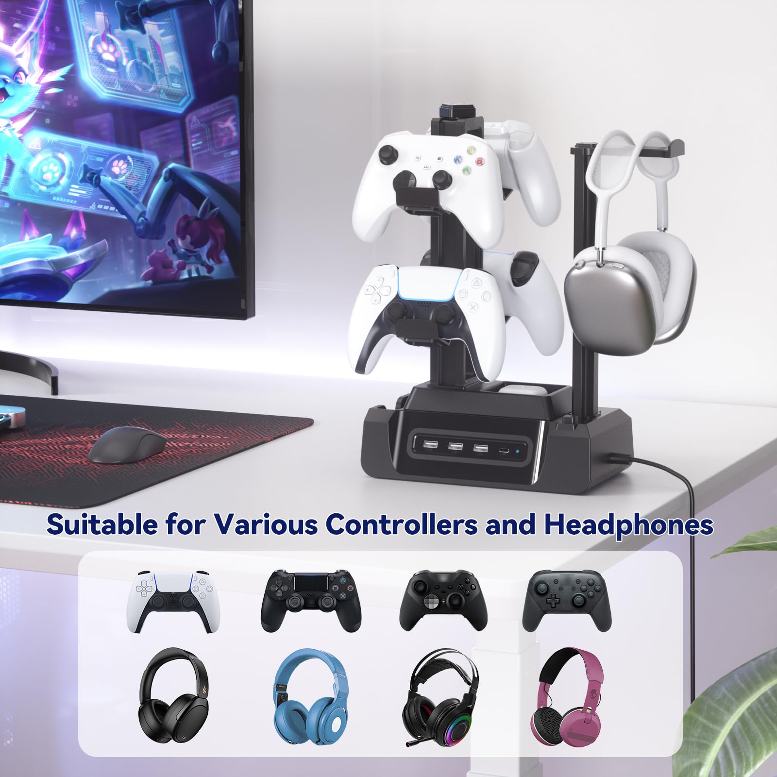 KDD Gaming Kopfhörer Ständer mit USB A Typ-C Ladegeräten, Headset Halterung Controller Halter mit Ladestation, Geräteschlitz für Handy Tablet, Kopfhörer für PC Gaming Zubehör 6