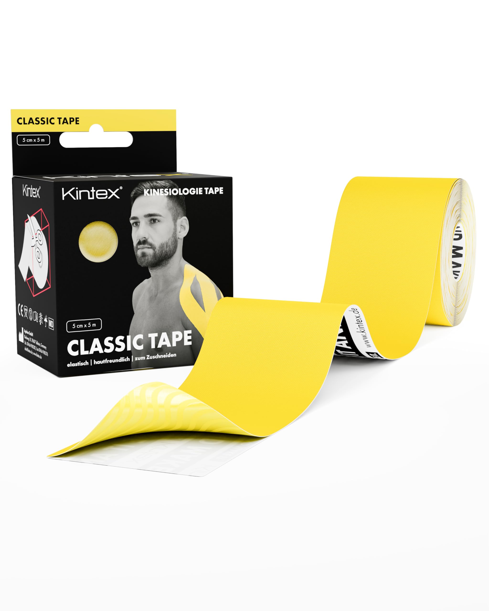 Kintex Kinesiology Tape Classic, 5 cm x 5 m, Skin-Friendly & Waterproof Kinesiology Tape, Physio Tape, Medical Tape, for Sports & Physiotherapy (Yellow)