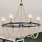 COCOSTAR Black Beaded Chandelier Boho Ceiling Light Fixture, Candle Wagon Wheel Chandeliers with 6-Light,Modern Farmhouse Han