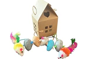 Cat Toys Set with 7 Colorful Plush Mouse Toys in Kraft Paper House, Bite Resistant