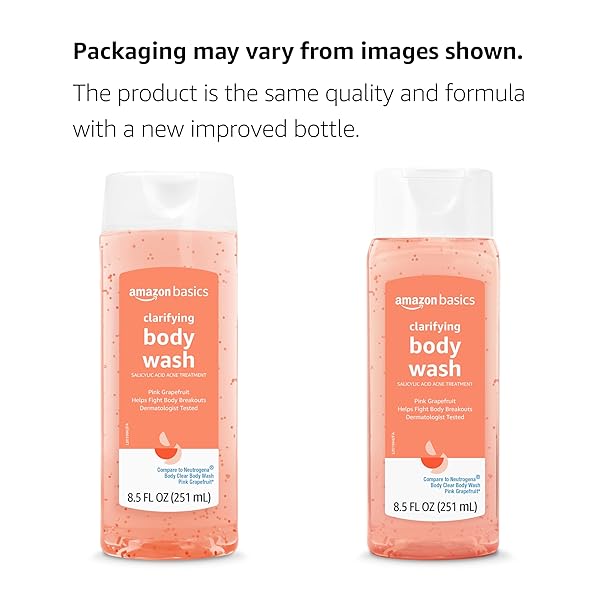 AMAZON BASICS CLARIFYING PINK GRAPEFRUIT BODY WASH, 2% SALICYLIC ACID ACNE TREATMENT, DERMATOLOGIST TESTED, 8.5 FLUID OUNCES, PACK OF 1