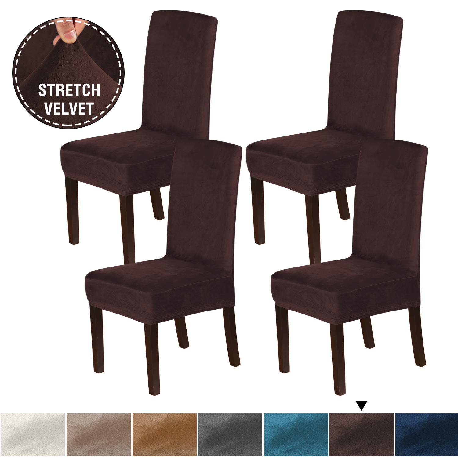 H.VERSAILTEX 4PCS Real Velvet Dining Room Chair Slipcovers Super Stretch Spill Resistant Removable Washable Anti-Dust High Dining Chair Protectors Slipcovers Dining Chair Covers(Brown)