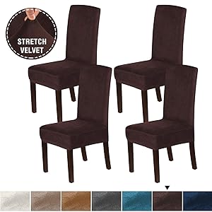 H.VERSAILTEX 4PCS Real Velvet Dining Room Chair Slipcovers Super Stretch Spill Resistant Removable Washable Anti-Dust High Dining Chair Protectors Slipcovers Dining Chair Covers(Brown)