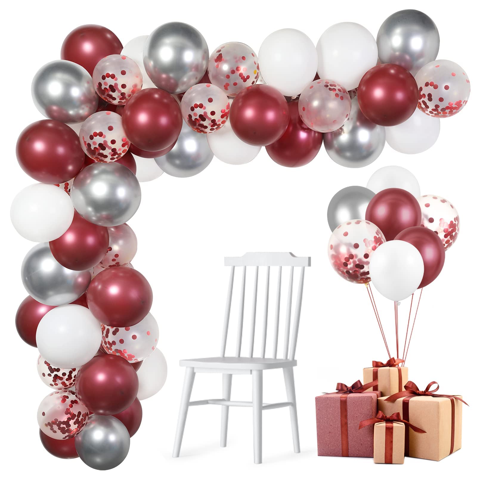 Photo 1 of 60 Pack Burgundy Red White Silver Maroon Balloons Garland Arch Kit, GAGAKU 12 Inches Latex Confetti Balloons for Women Kids Birthday Wedding Bride Bachelorette Retirement Party Decorations Supplies