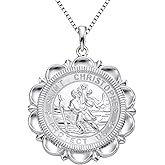 YL St Christopher Necklace Solid 925 Sterling Sliver Engraved Pendant Round Religious Talisman Jewelry for Women