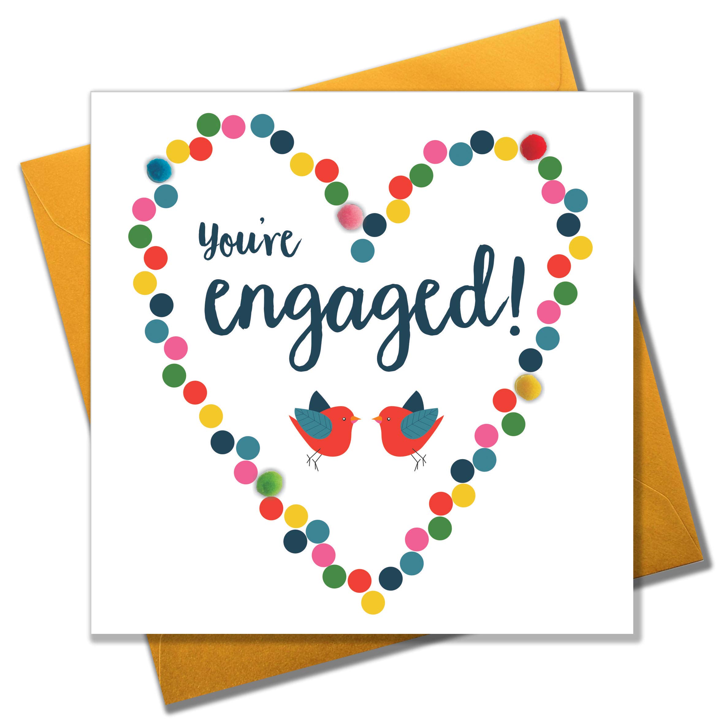 Claire Giles Greeting Cards, Wedding Engagement Card, Dotty Heart design Engagement Congratulations Greeting Card, Embellished with colourful Pompoms