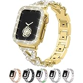 Rhinestones Encrusted Metal Bracelet and Case, Compatible with Apple Watch Bands 38mm-49mm (Series 10/1/SE/Ultra 2)- Bling Gold Women's Jewelry Strap, Luxury iWatch Bracelet with Screen Protector