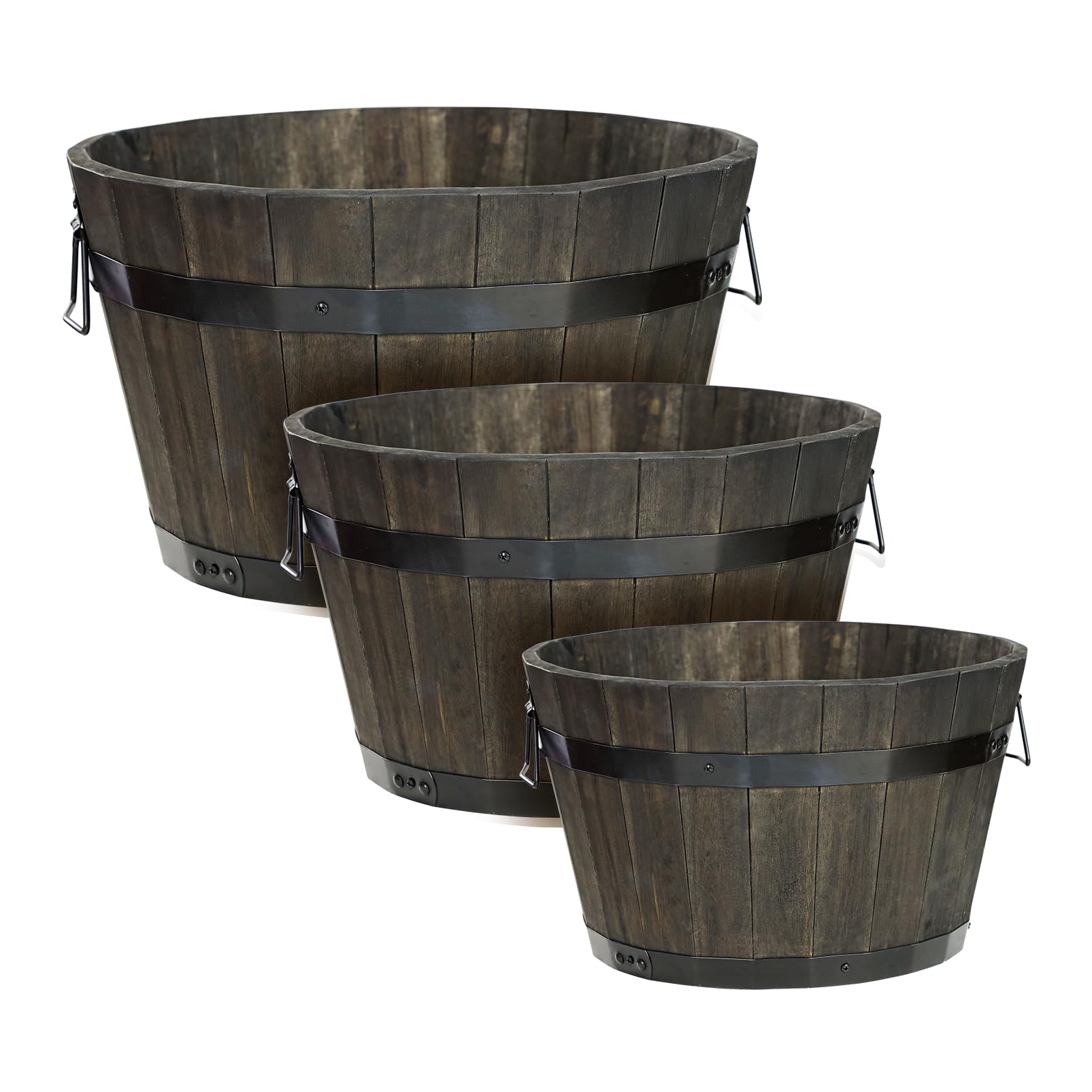 Idzo Set of 3 Wooden Flower Planters for Outdoor Plants, Acacia Wood Barrel Planters, Ergonomic Handles, Drainage Holes, Various Sizes, Black Image