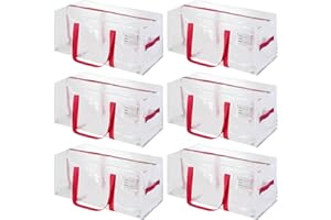 JCBZAMZ 6 Pack Heavy Duty Extra Large Moving Bags with Pink Handles, Waterproof Foldable Storage Totes, Clothing Storage Bags, Packing Moving Boxes for College Supplies & Seasonal Storage, Clear