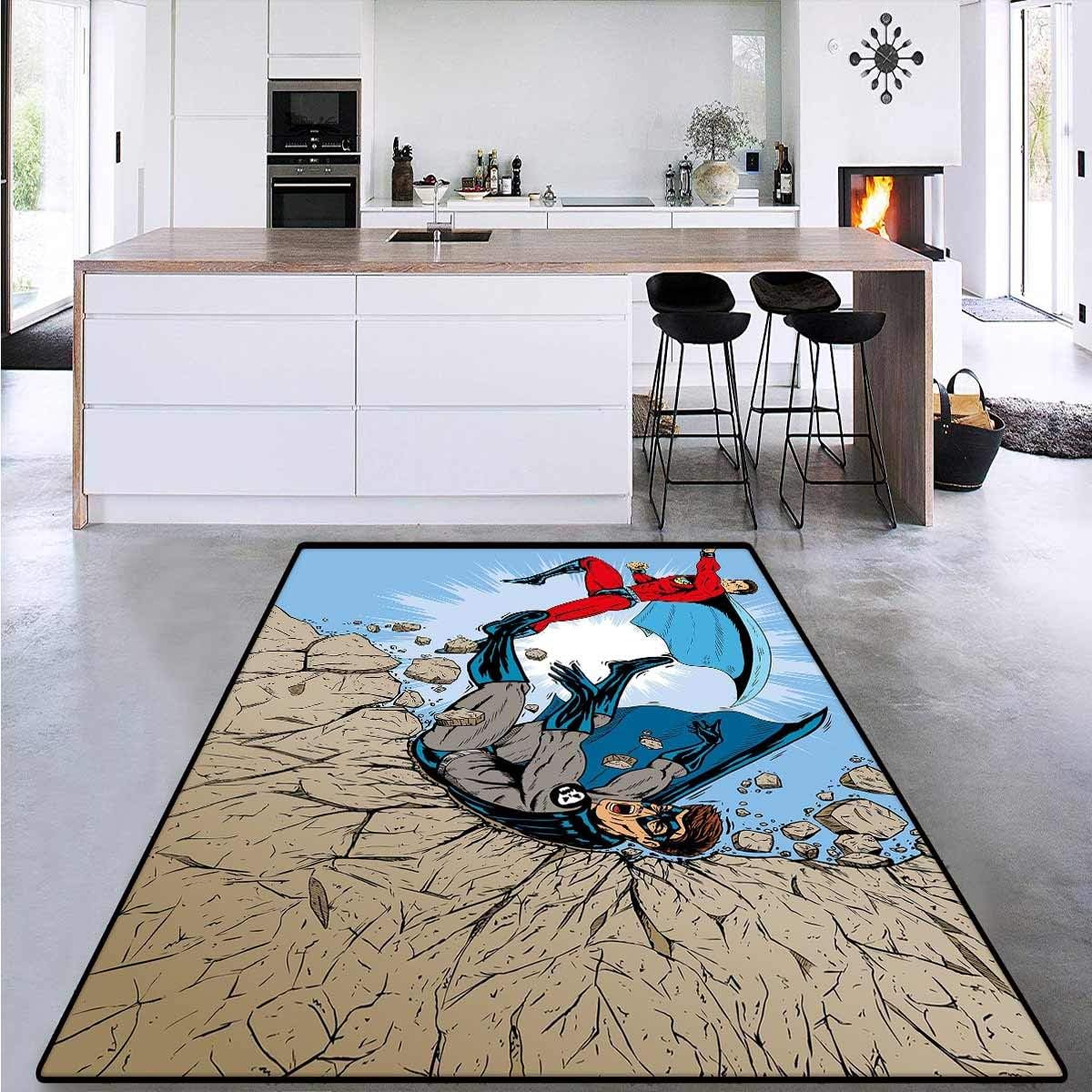 Superhero, Girls Bedroom Rug, Old School Comic Book Hero and Villain on The Rocks Punching Kicking Cartoon, for Kids Room 6' x 9' Multicolor