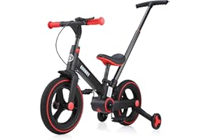 EOOWOY Balance Bike with Push Handle for Kids 18-60 Months, 6 in 1 Foldable Push Bike with Training Wheels & Pedals, Balance Bicycle for Boys and Girls with Brakes & Kickstand