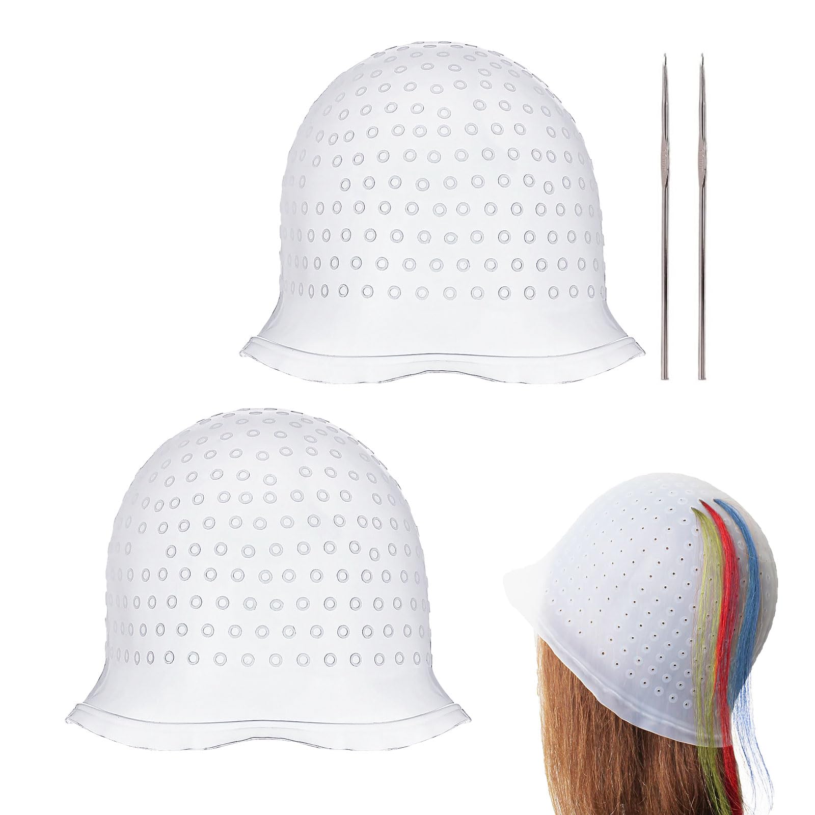 UILYNIU 4 Pcs Punched Hole Silicone Highlight Hair Cap, Hair Highlighting Cap, Highlighting Cap with Hair Comb Hook, Reusable Highlighting Cap, Silicone Hairdressing Tools for Women Girls (White)