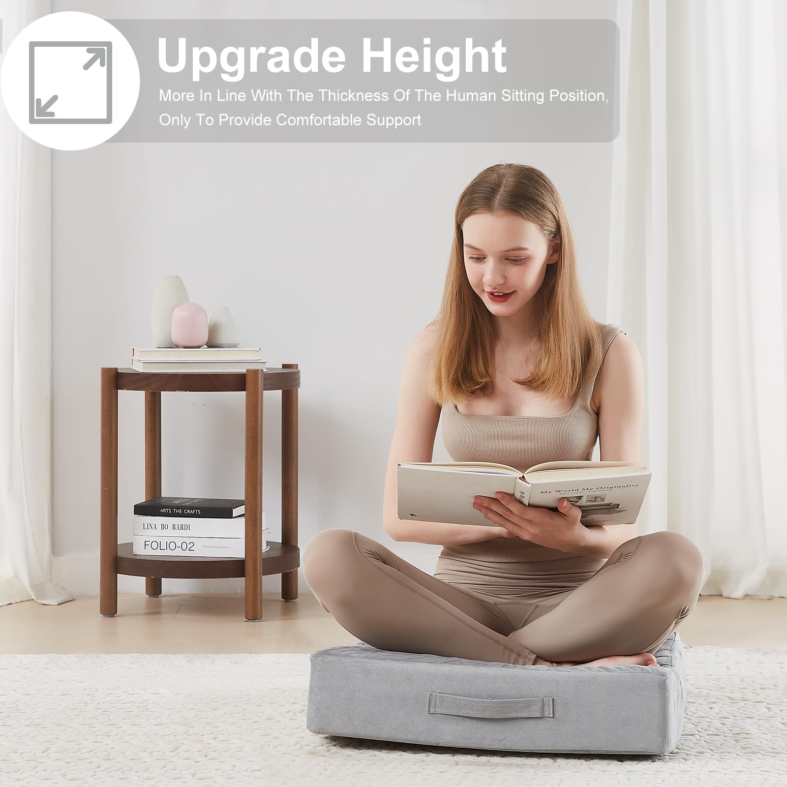 JKMAX 22 inches Floor Pillow for Adults - Large Meditation Cushion with Thick Foam & Soft Tufted Cover - Premium Outdoor Square Floor Cushion Seat - Yoga Pillows for Sitting On Floor - Light Gray - Image 6