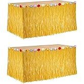 2Pc Luau Grass Table Skirt, Hawaiian Party Decorations Hawaiian Table Skirt 30'' x 9 Feet with Hibiscus Flowers Straw Yellow Party Skirt for Luau Party Hawaiian Theme Party