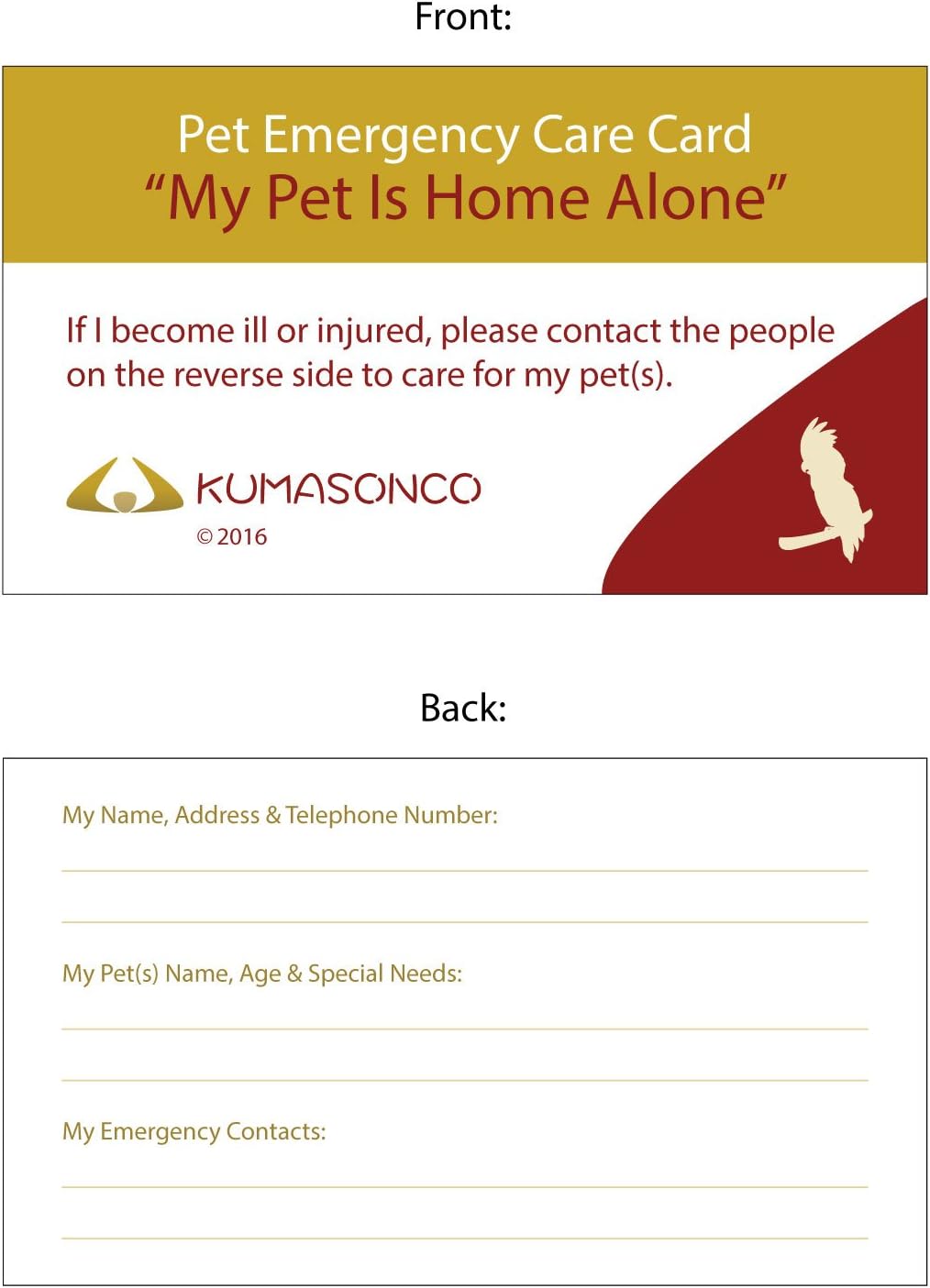KumasonCo Pet Emergency Care Card Bird