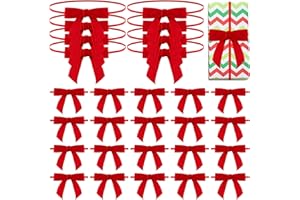 50 Pcs Christmas Velvet Gift Wrapping Bows Holiday Elastic Pre Tied Bows 24'' Stretch Loops with Ribbon Stretch Cord for Trea