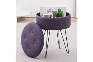 Cpintltr Footrest Footstools Round Faux Leather Ottoman with Storage Space Soft Vanity Chair with Memory Foam Seat Small Side Table Hallway Step Stool Metal Legs with Swivel Leveling Feet Purple