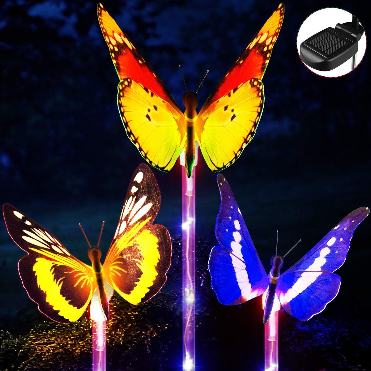 Garden Solar Lights, YUNLIGHTS 3pcs Outdoor Garden Stake Lights Multi-Color Changing LED Fiber Optic Butterfly with Purple LED Light Stake for Garden Patio Backyard Decoration