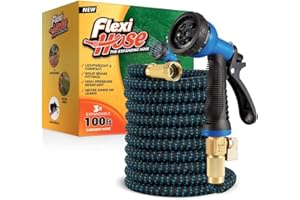 Flexi Hose with 8 Function Nozzle Expandable Garden Hose, Lightweight & No-Kink Flexible Garden Hose, 3/4 inch Solid Brass Fittings and Double Latex Core, 100 ft Blue Black