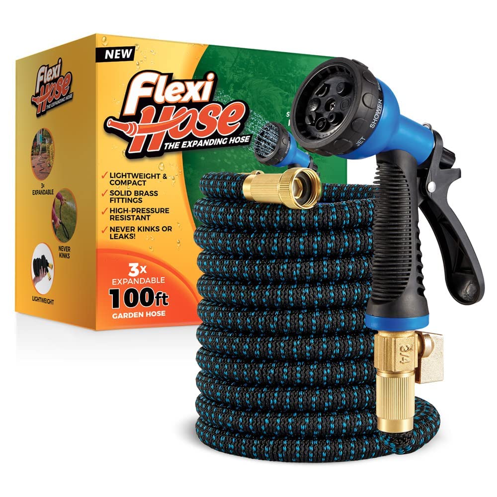 Photo 1 of Flexi Hose with 8 Function Nozzle, 100FT - Lightweight Expandable Garden Hose, No-Kink Flexibility, 3/4 Inch Solid Brass Fittings and Double Latex Core