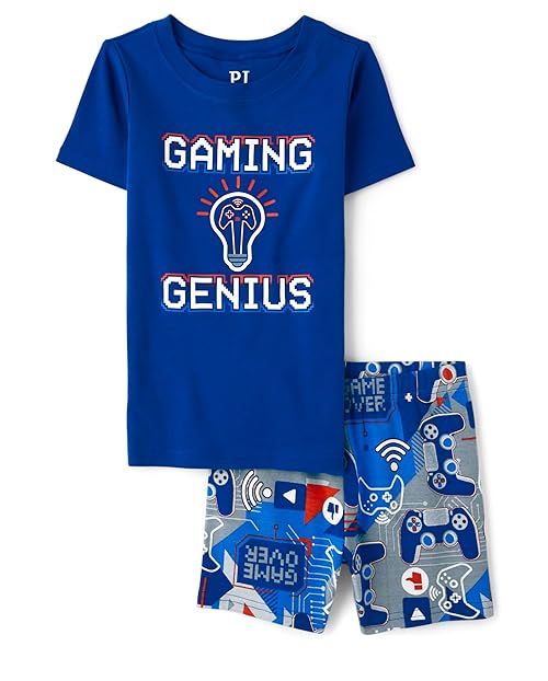 The Children's Place,Short Sleeve Top And Shorts Snug Fit 100% Cotton 2 Piece Pajama Set,NAVY PIER,14