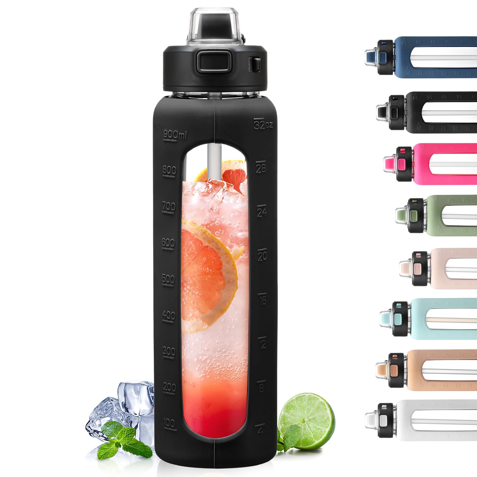 BLUEGO 900ml Glass Water Bottle with Handle and Straw Drinking Hydration Bottle with Silicone Sleeve and Time Marking Motivational Water Bottle for Gym Sports Outdoor Leak-proof,Black