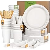 Compostable Paper Plates 350pcs Disposable Plates for Wedding Party Eco-friendly Sugarcane Plates Biodegradable Cutlery Forks Knives Spoons Cups and Straws for 50 People