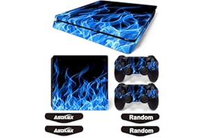 ASOKEX Ps4 Slim Stickers Full Body Vinyl Skin Decal Cover for PlayStation 4 Console Controllers (with 4pcs Led Lightbar Stickers) (Blue fire)