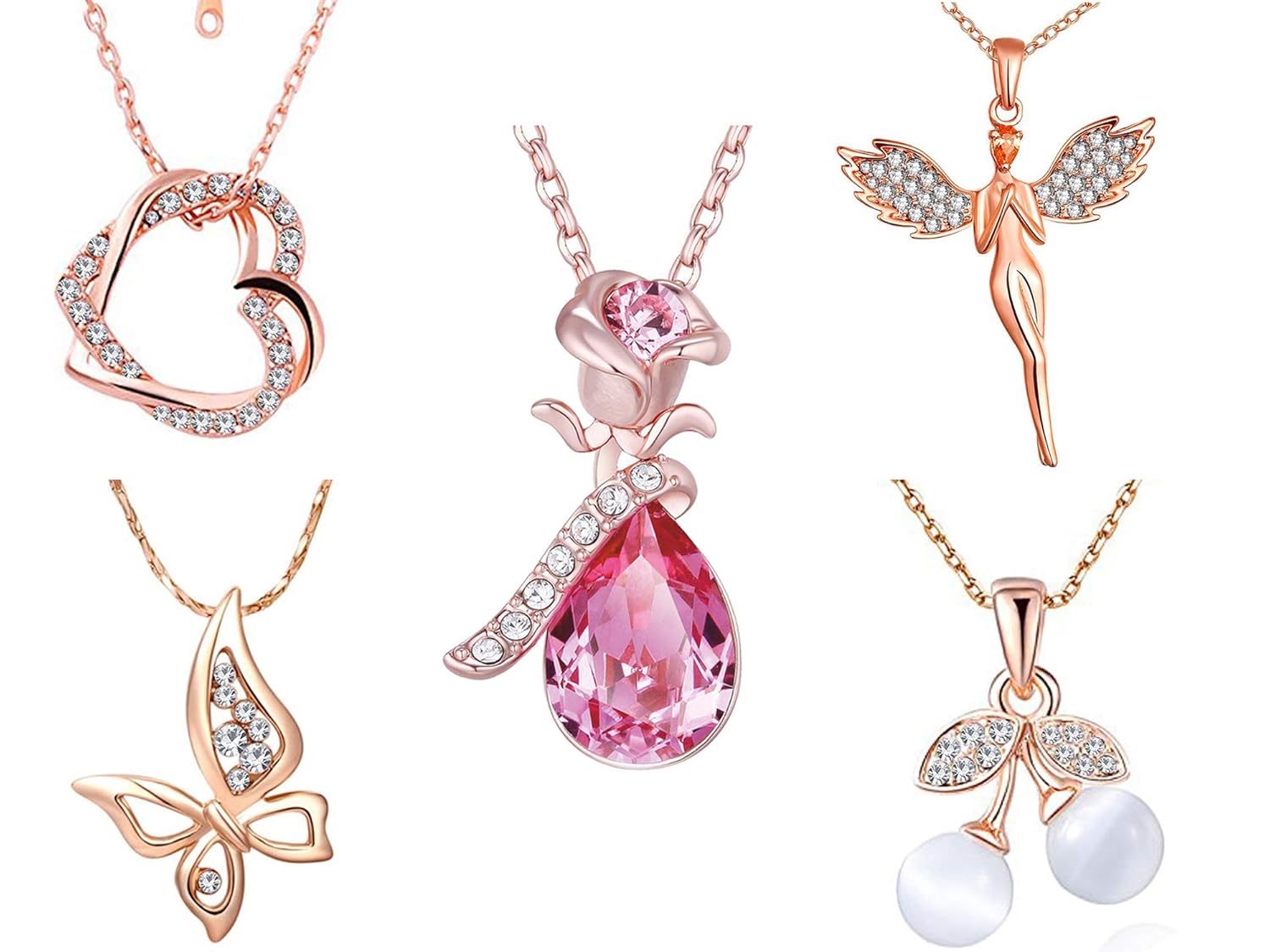 Om Jewells Valentine Imitation Jewellery Stylish Designer Pendant Necklace Embellished-Pink and White Crystal Elements for Women -Combo of 5