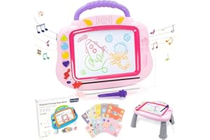ANSEE Magnetic Drawing Board, 3IN1 Light Up Musical Doodle Board for Toddler Age 1-2, Educational Learning Toys with 12 Drawing Cards for Kids 2 3 4 5 Girl Boys Birthday (Pink)
