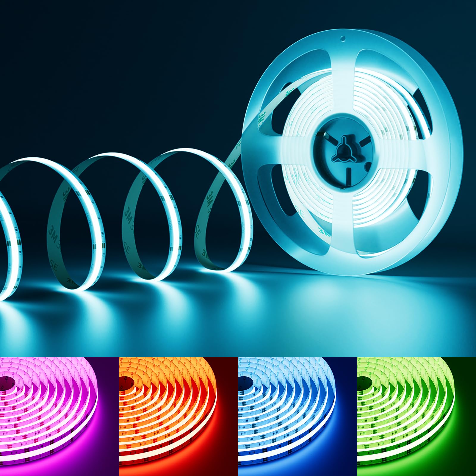 PAUTIX RGB COB LED Strip 10m,Colour Changing Dimmable Strip Light DC24V, Multicolour Flexible Tape Light 10mm Width,for TV,Bedroom,Party DIY Decoration(Mains&Controller are NOT Included)