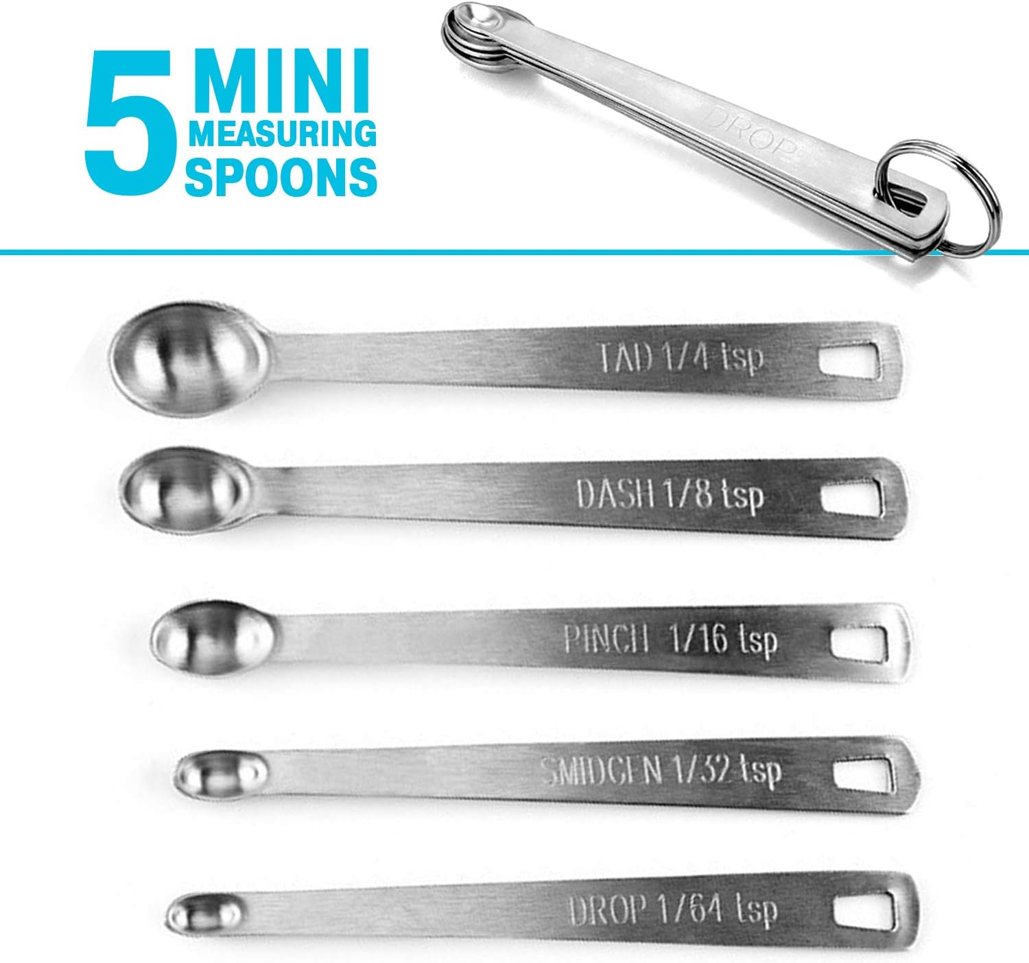 Measuring Spoons Set - 5 Mini Stainless Steel Measuring Spoons for for Dry or Liquid Ingredients - Perfect Fits in Spice Jar - Kitchen Baking & Coocking Tools Set With Hold Ring: Kitchen & Dining