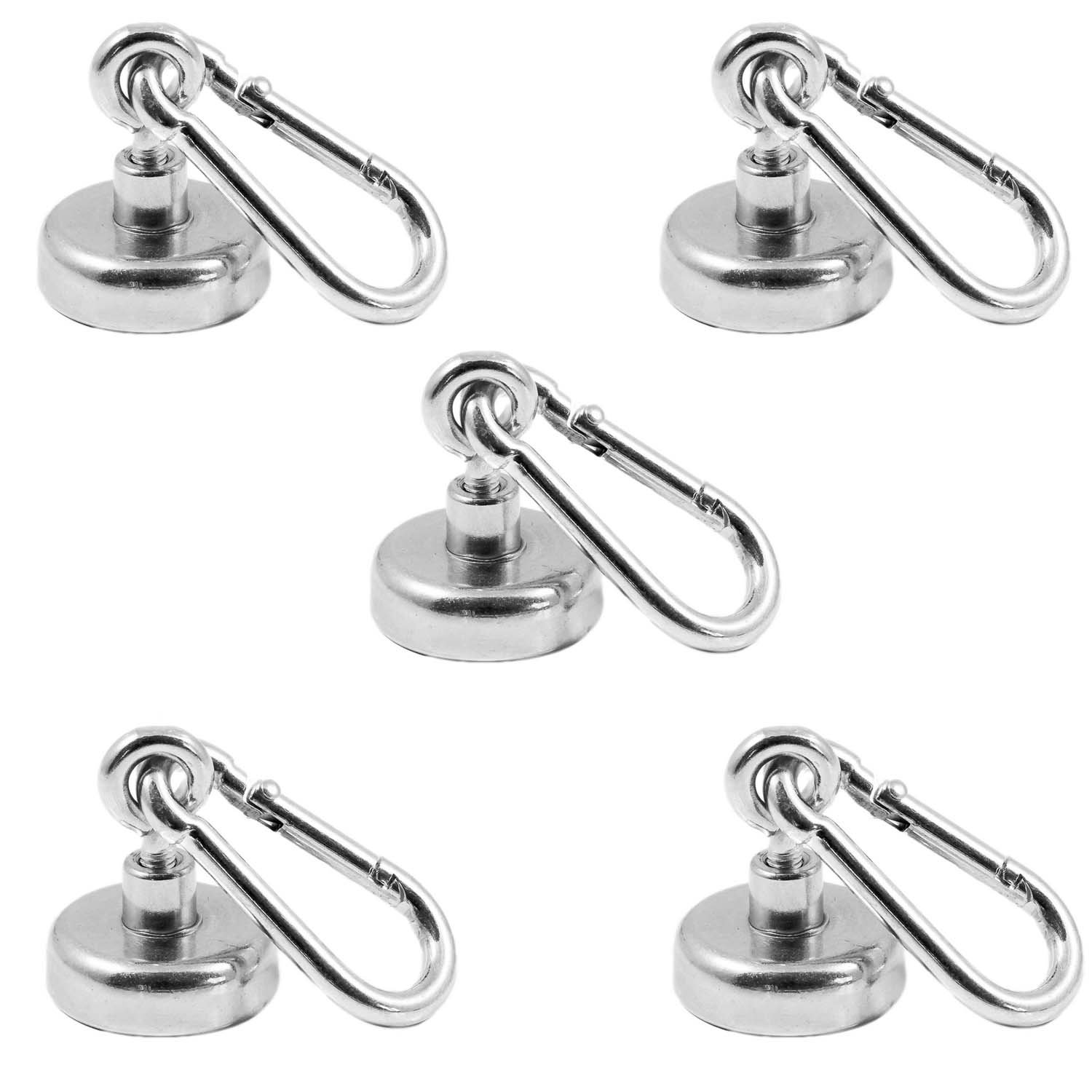 Magnetastico® | 5X Neodymium Eyelet-Carabiner Magnets N35 25 mm Ø | Holding Force 22 kg | 5 Strong Neodymium Pot Magnets snap Hook with Eye, Loop & galvanised | Magnetic karabiner eyebolts