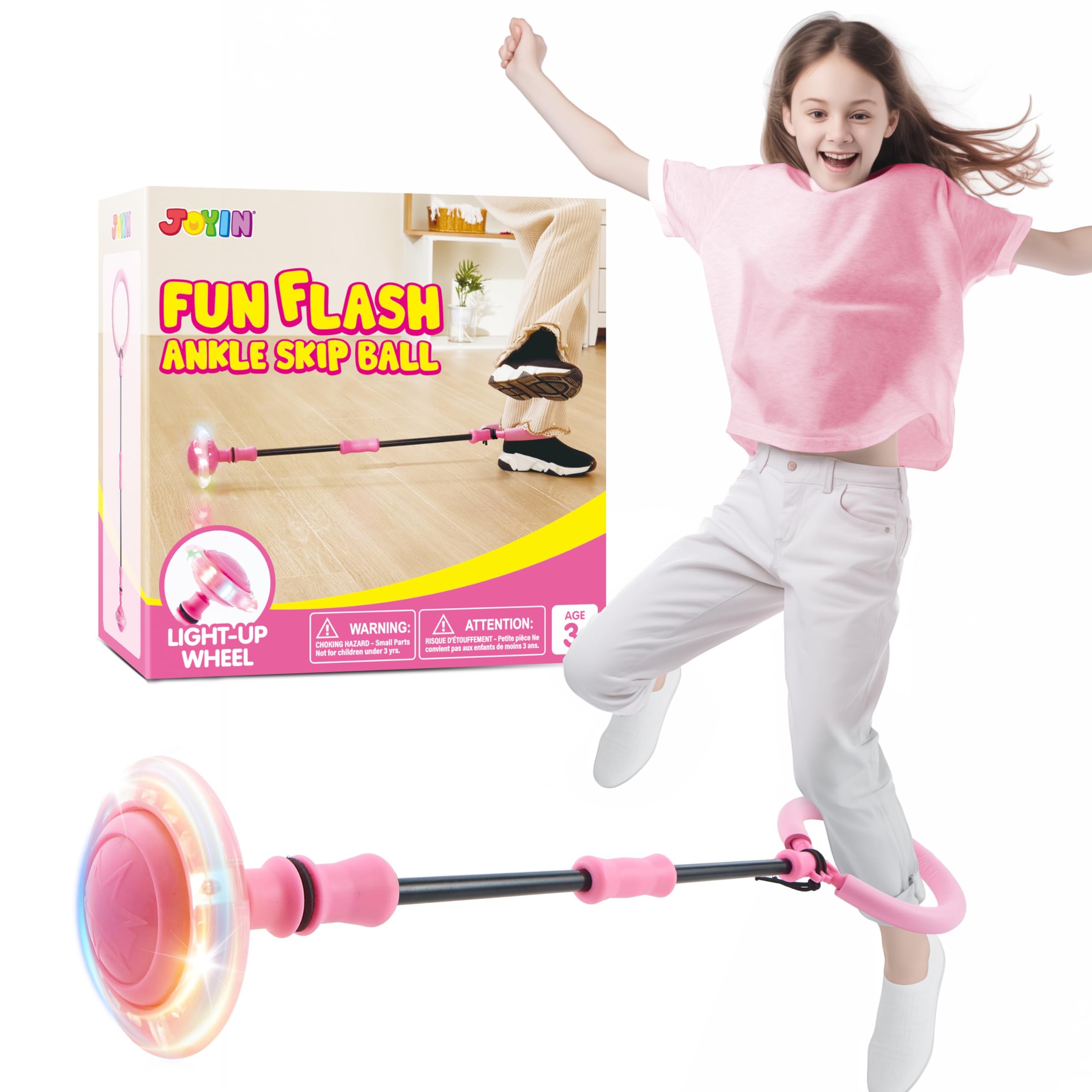 JOYIN Pink Ankle Skip Ball with Flashing Lights, Toy for Kids Indoor & Outdoor, Flashing Swing Ball Foldable Sports Toy, Birthday Gifts for Kids 3 4 5 +