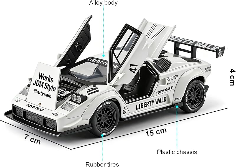 Modelo de Carro Lamborghini LBWK Countach 1/32, Veículos de Retirada de Liga de Zinco Modelo de Carro com Som e Luz para Colecionadores e Crianças Presente de Aniversário de 3 Anos (Branco)