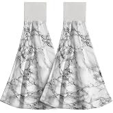 Giwawa White Marble Kitchen Hanging Towel, Black Textured Marbling Hand Tie Towels with Hook &amp; Loop Set of 2, Elegant Granite Stone Surface Soft Tea Bar Dish Towel for Bathroom Laundry Room Decor