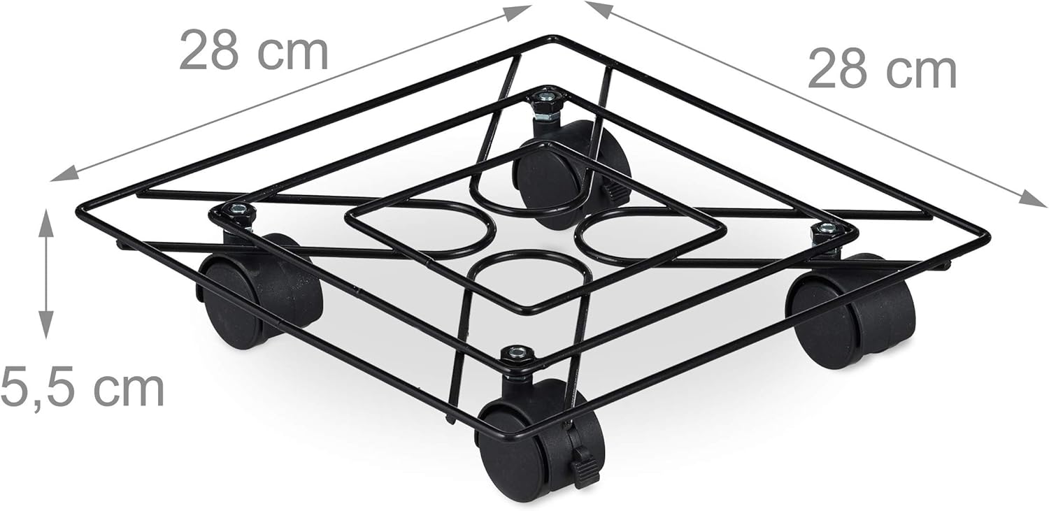 Relaxdays Square Plant Caddy Set of 2, In- and Outdoors, Brakes, Rolling Flowerpot Saucer, Metal, 28x28cm, Black - Image 5