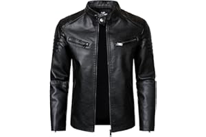 HOOD CREW Men’s Faux Leather Motorcycle Jackets Stand-up Collar Leather Jacket Vintage Coats Outwear