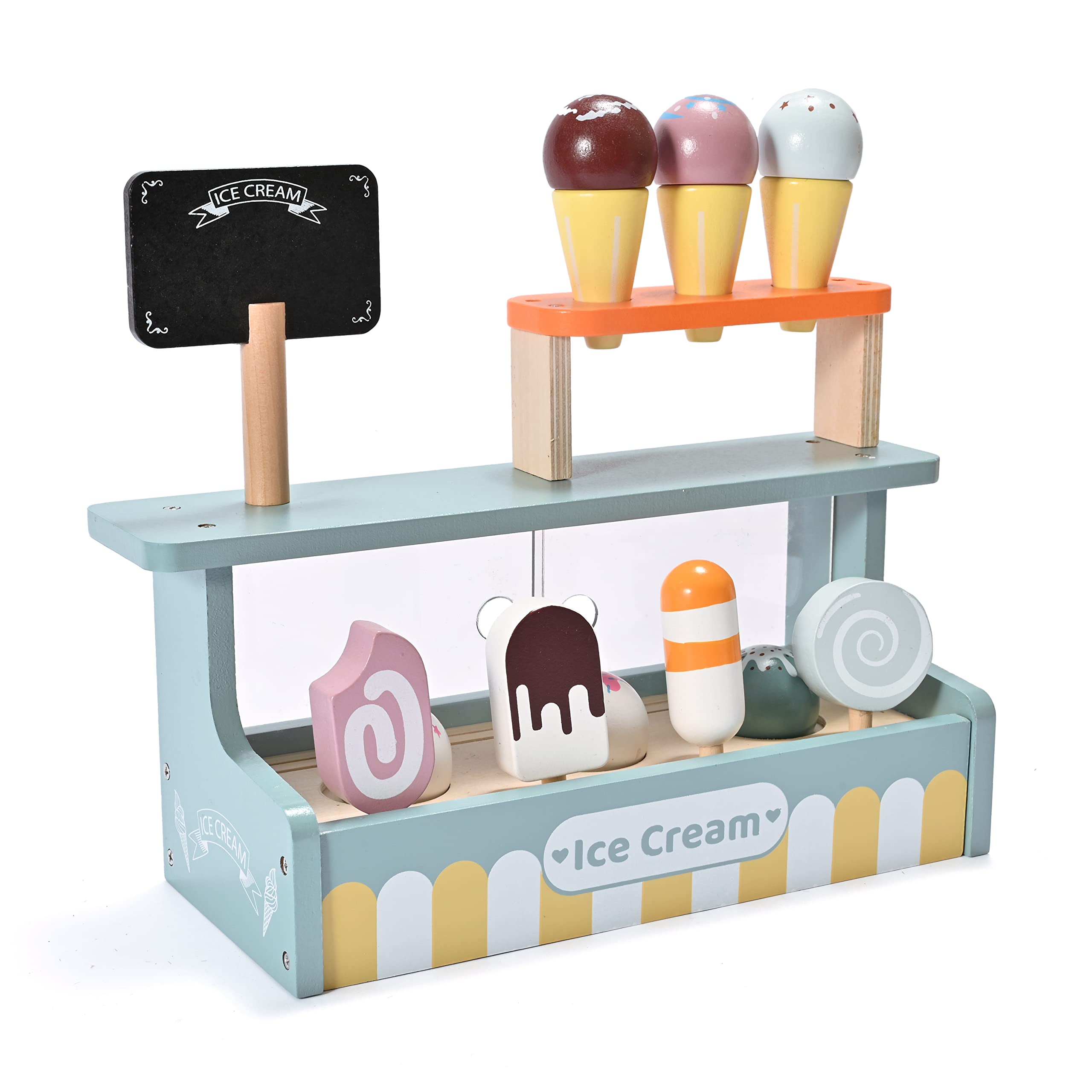 Ice Cream Shop Pretend Play Toy Set, Donmills Wooden Ice Cream Set, Ice Cream Toy Shop for Girls and Boys, Kitchen Playset Role Play Wooden Food Toddler Toys Gift for 3 Year Old Girl Age 3+