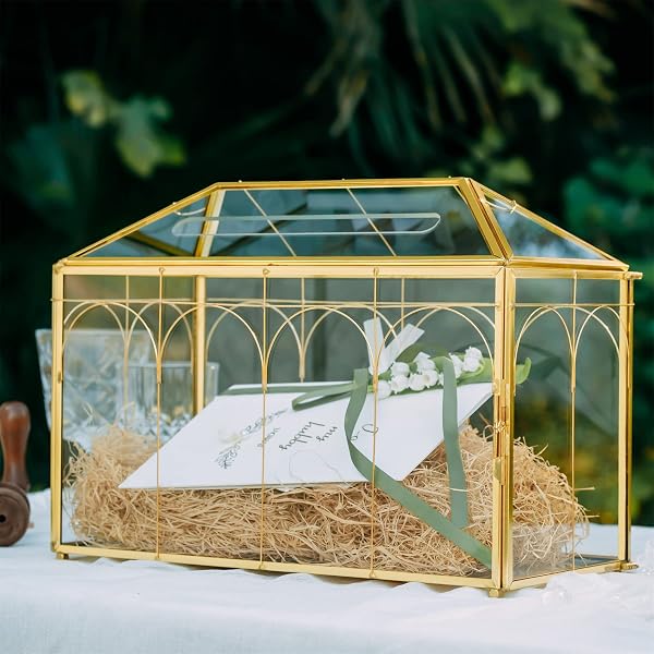 NCYP GLASS CARDS BOX WITH SLOT AND LOCK FOR WEDDING – 12.6″ X 5.9″ X 9″ GEOMETRIC VINTAGE ENVELOPS WISHWELL CARD HOLDER – TABLETOP RECEPTION, BIRTHDAY PARTY DECOR, GOLD (GLASS BOX ONLY)