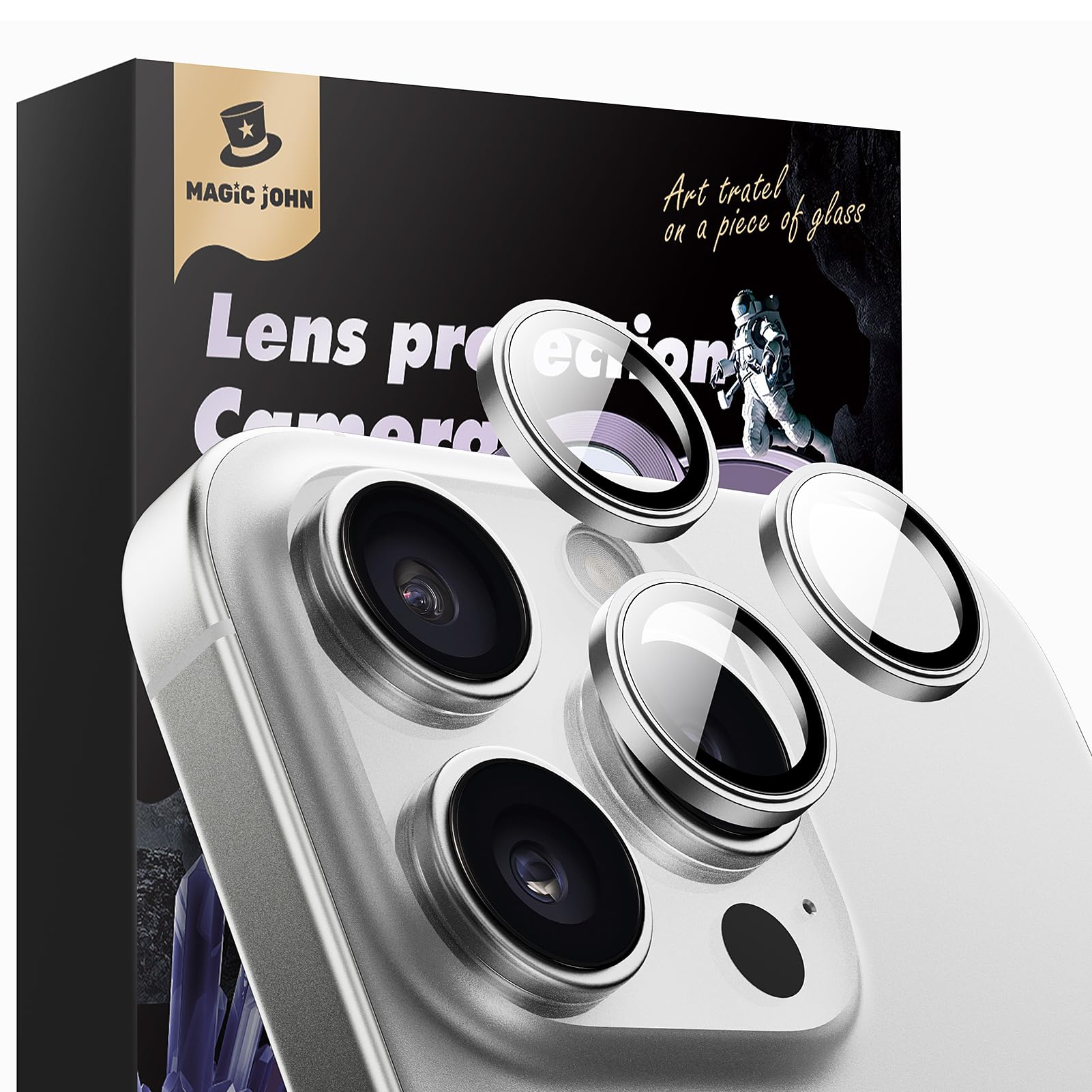 MAGIC JOHN [2 Set for iPhone 16 Pro/16 Pro Max Camera Lens Protector, Ultra HD Metal Individual Ring, 9H Tempered Glass, with Installation Kit, Silver